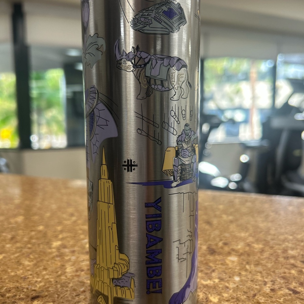 Starbucks Silver Tumbler with Purple and Gold Accents